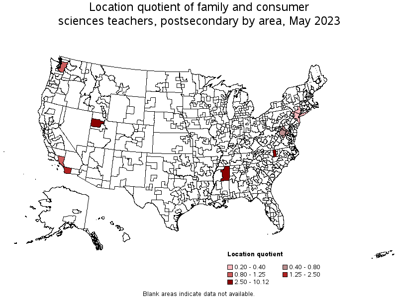 Map of location quotient of family and consumer sciences teachers, postsecondary by area, May 2023