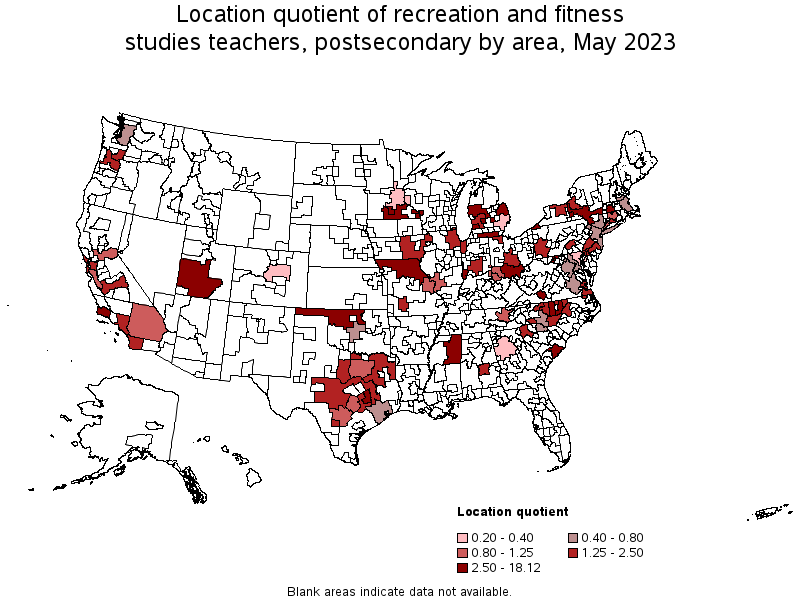Map of location quotient of recreation and fitness studies teachers, postsecondary by area, May 2023