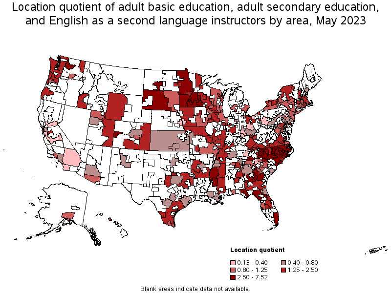 Map of location quotient of adult basic education, adult secondary education, and english as a second language instructors by area, May 2023