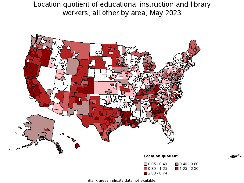 Map of location quotient of educational instruction and library workers, all other by area, May 2023