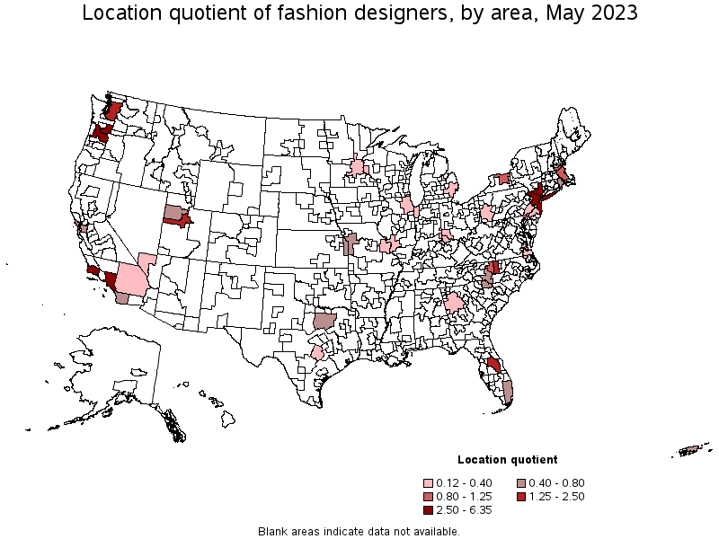 Map of location quotient of fashion designers by area, May 2023