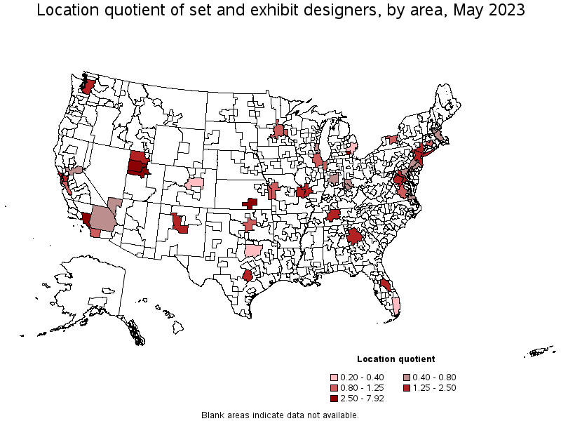 Map of location quotient of set and exhibit designers by area, May 2023