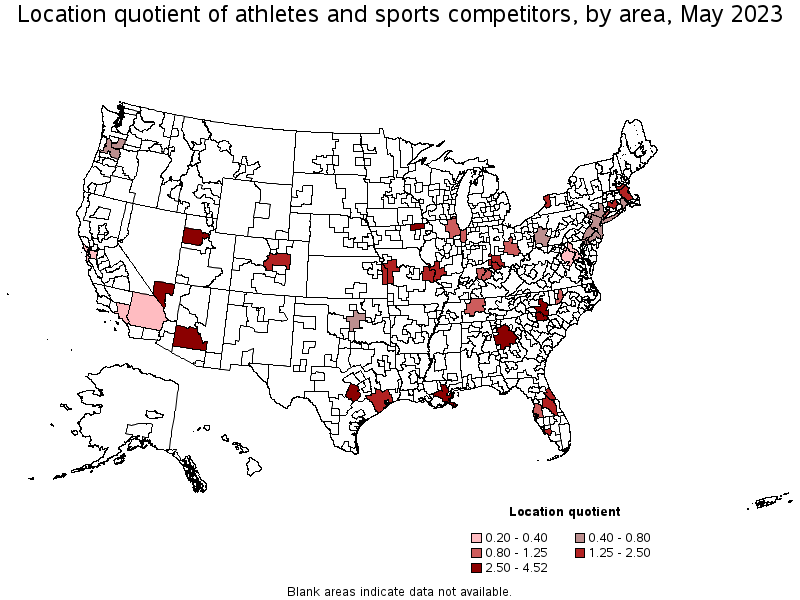 Map of location quotient of athletes and sports competitors by area, May 2023