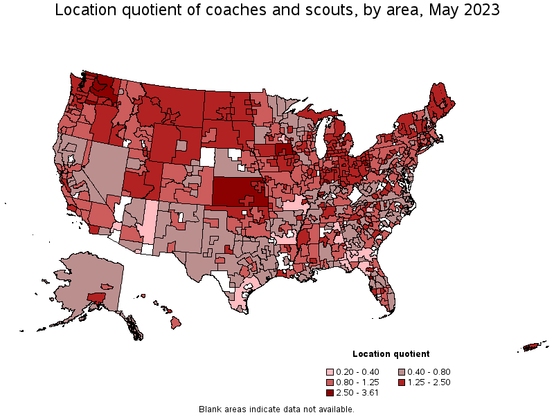 Map of location quotient of coaches and scouts by area, May 2023