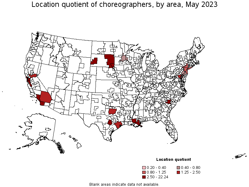 Map of location quotient of choreographers by area, May 2023