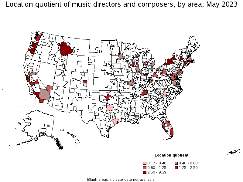 Map of location quotient of music directors and composers by area, May 2023