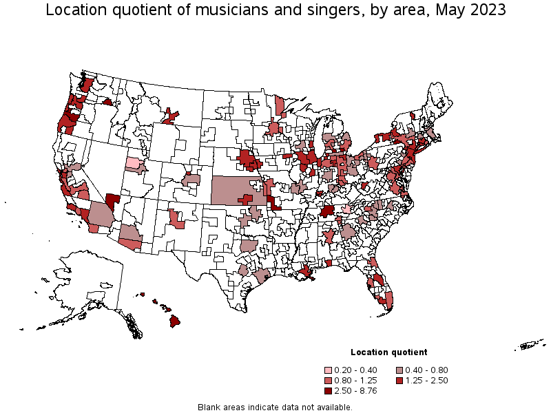 Map of location quotient of musicians and singers by area, May 2023