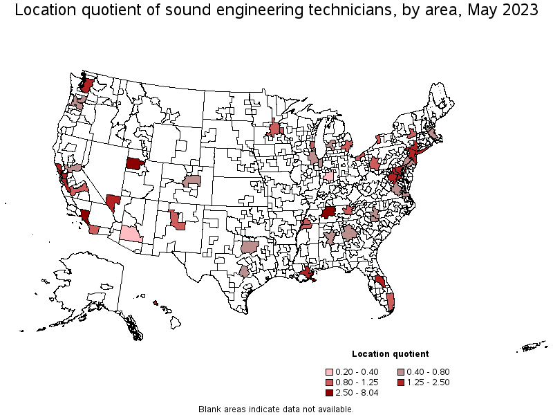 Map of location quotient of sound engineering technicians by area, May 2023