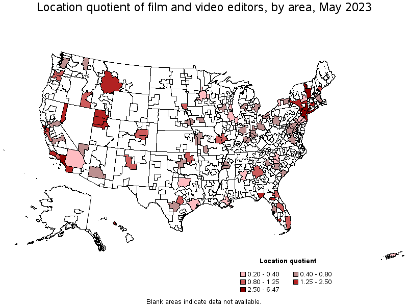 Map of location quotient of film and video editors by area, May 2023