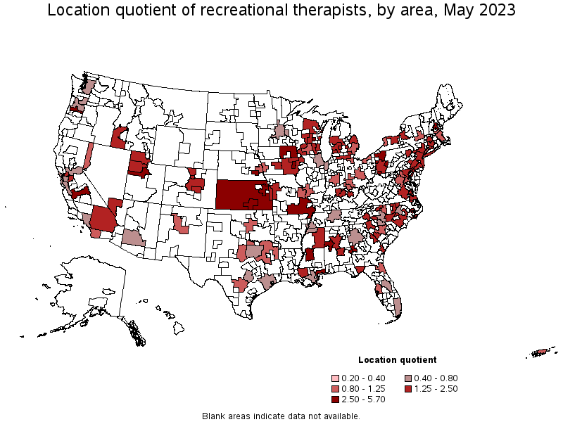 Map of location quotient of recreational therapists by area, May 2023