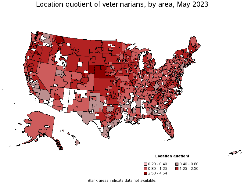 Map of location quotient of veterinarians by area, May 2023