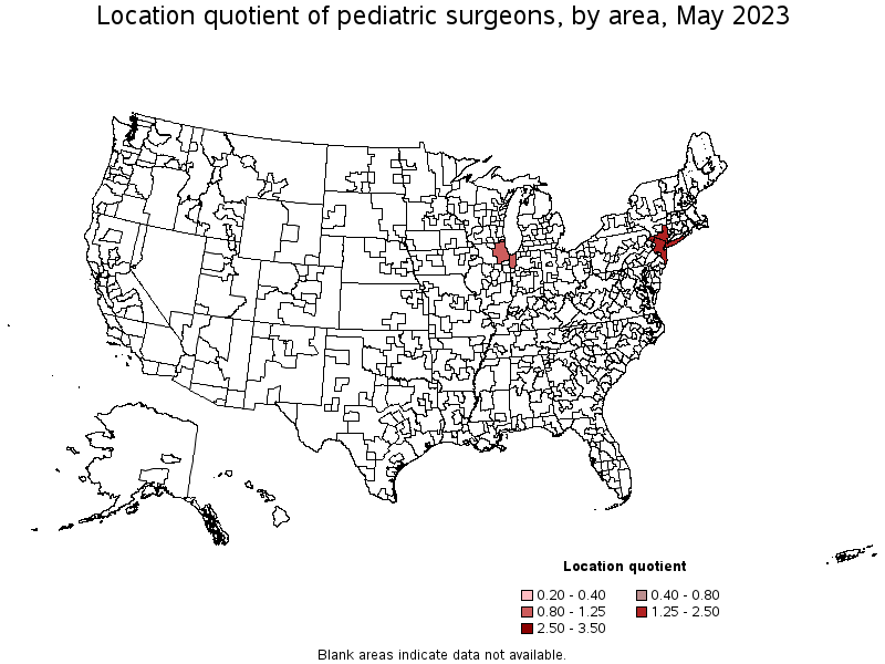 Map of location quotient of pediatric surgeons by area, May 2023