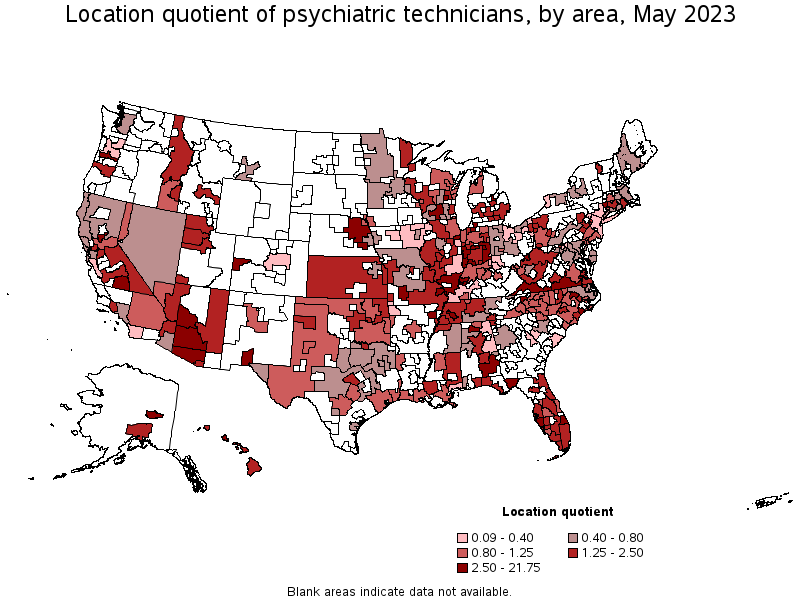Map of location quotient of psychiatric technicians by area, May 2023