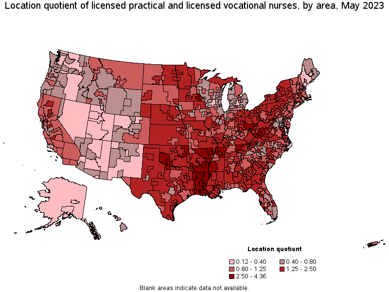 Map of location quotient of licensed practical and licensed vocational nurses by area, May 2023