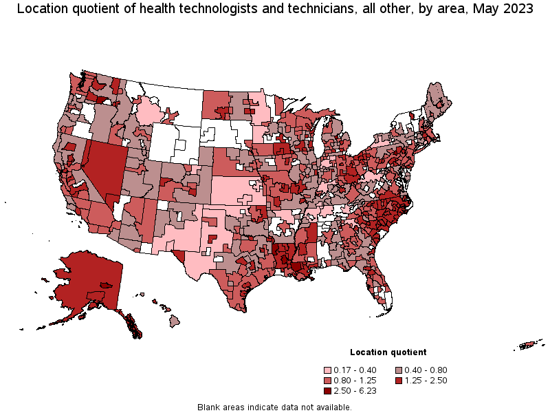 Map of location quotient of health technologists and technicians, all other by area, May 2023