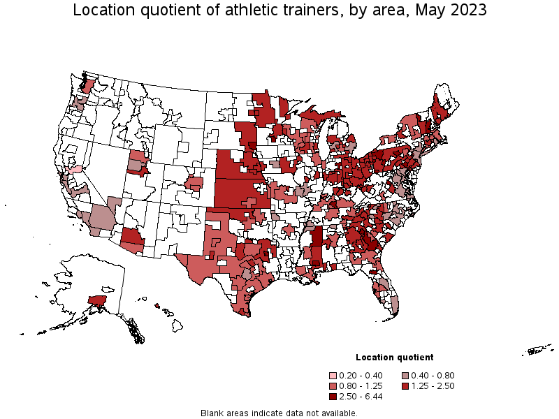 Map of location quotient of athletic trainers by area, May 2023
