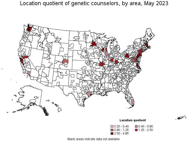 Map of location quotient of genetic counselors by area, May 2023