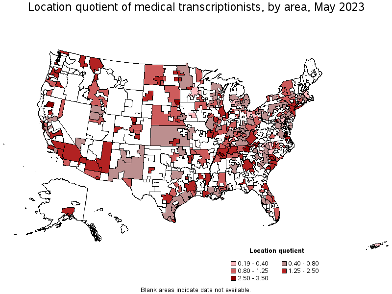 Map of location quotient of medical transcriptionists by area, May 2023