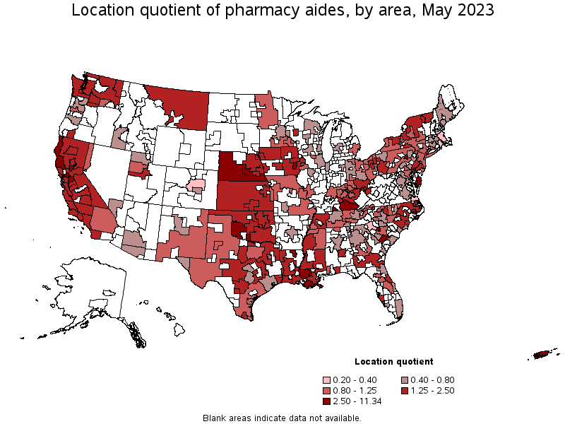 Map of location quotient of pharmacy aides by area, May 2023