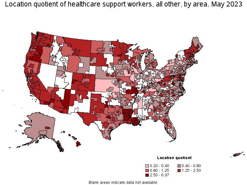 Map of location quotient of healthcare support workers, all other by area, May 2023