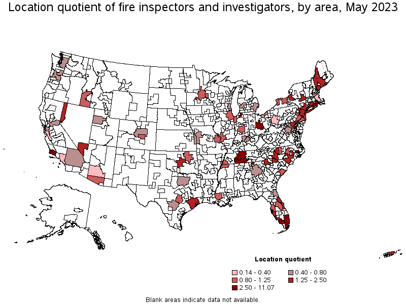Map of location quotient of fire inspectors and investigators by area, May 2023