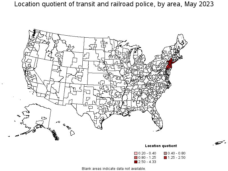 Map of location quotient of transit and railroad police by area, May 2023