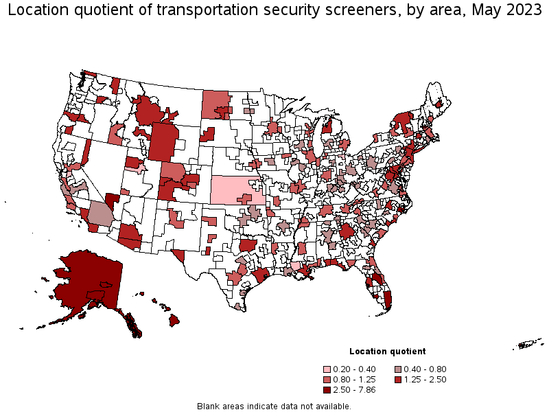 Map of location quotient of transportation security screeners by area, May 2023