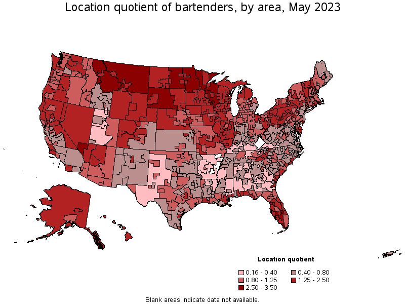Map of location quotient of bartenders by area, May 2023