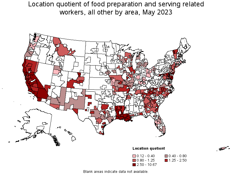 Map of location quotient of food preparation and serving related workers, all other by area, May 2023