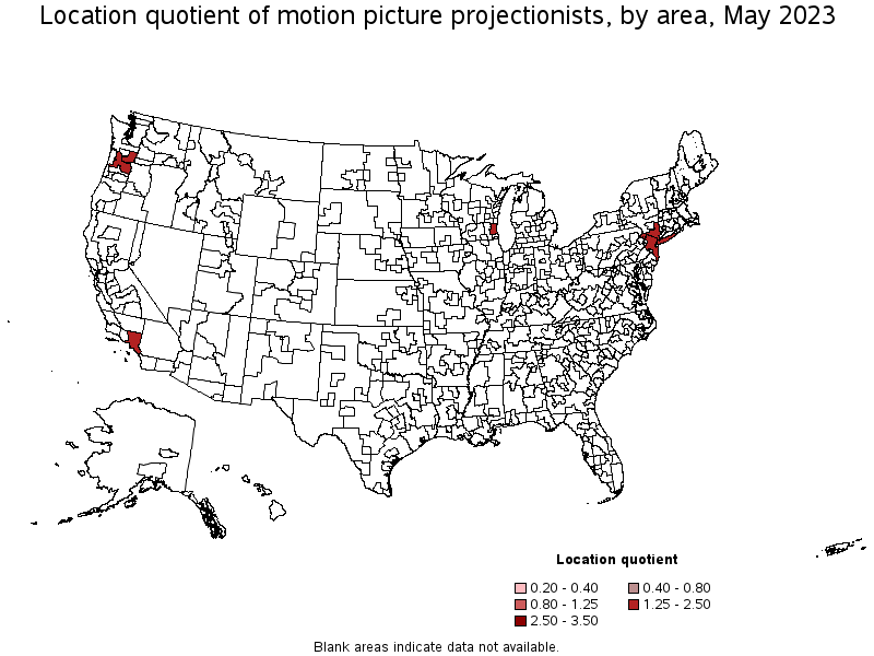Map of location quotient of motion picture projectionists by area, May 2023