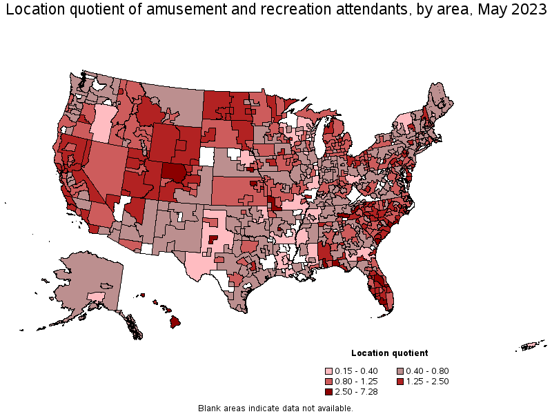 Map of location quotient of amusement and recreation attendants by area, May 2023