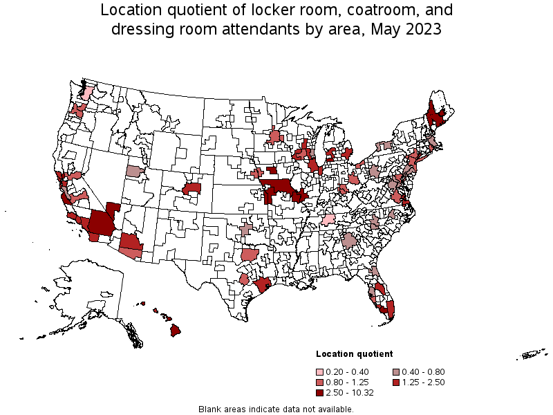 Map of location quotient of locker room, coatroom, and dressing room attendants by area, May 2023