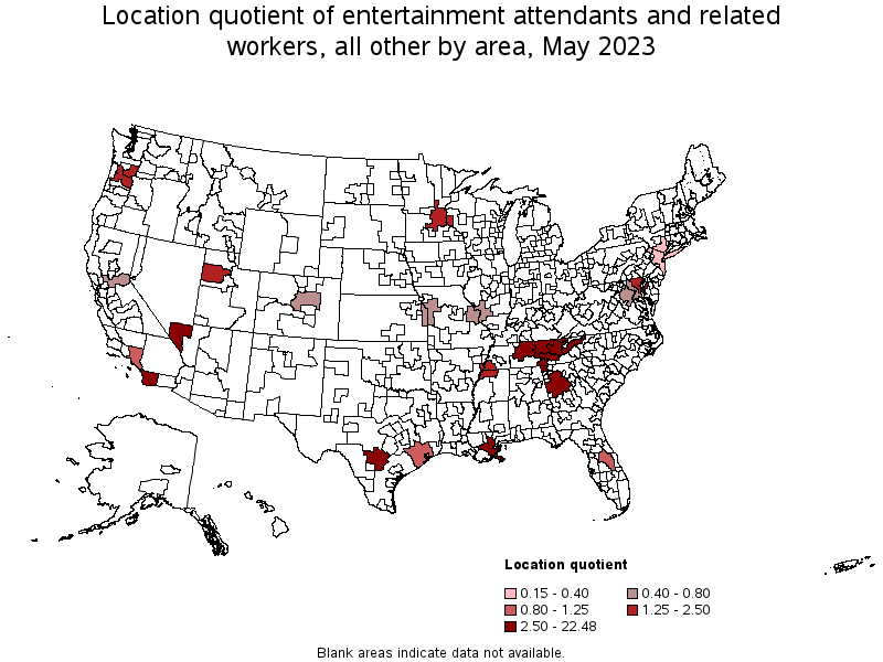 Map of location quotient of entertainment attendants and related workers, all other by area, May 2023
