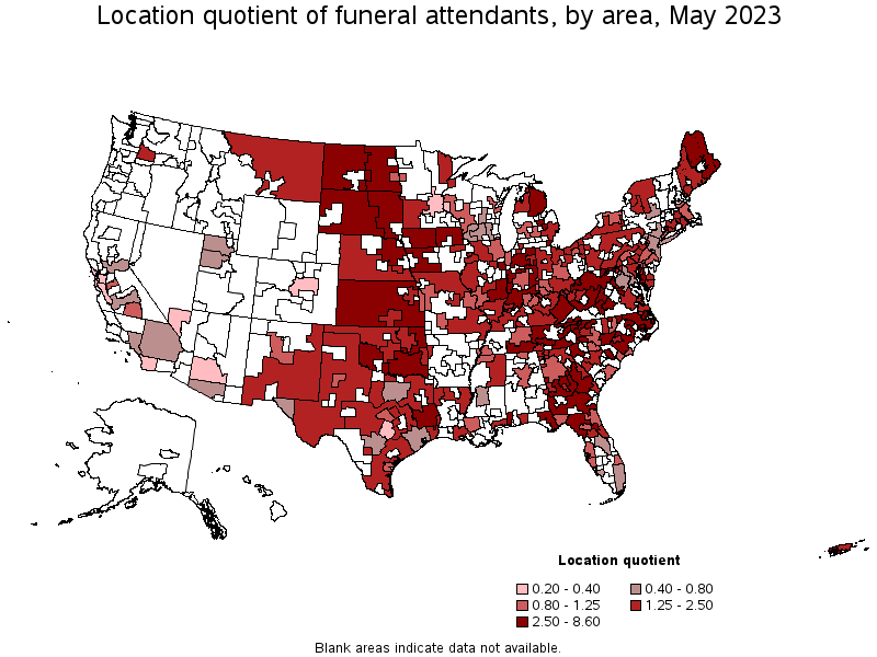 Map of location quotient of funeral attendants by area, May 2023