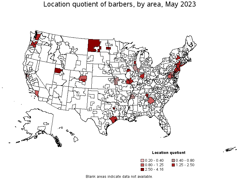 Map of location quotient of barbers by area, May 2023