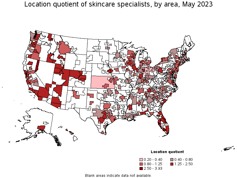 Map of location quotient of skincare specialists by area, May 2023
