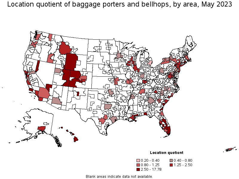 Map of location quotient of baggage porters and bellhops by area, May 2023