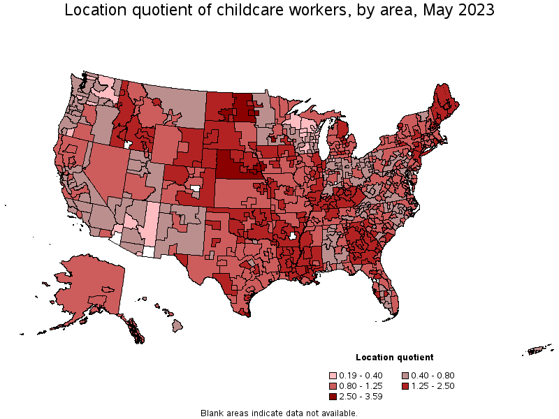 Map of location quotient of childcare workers by area, May 2023