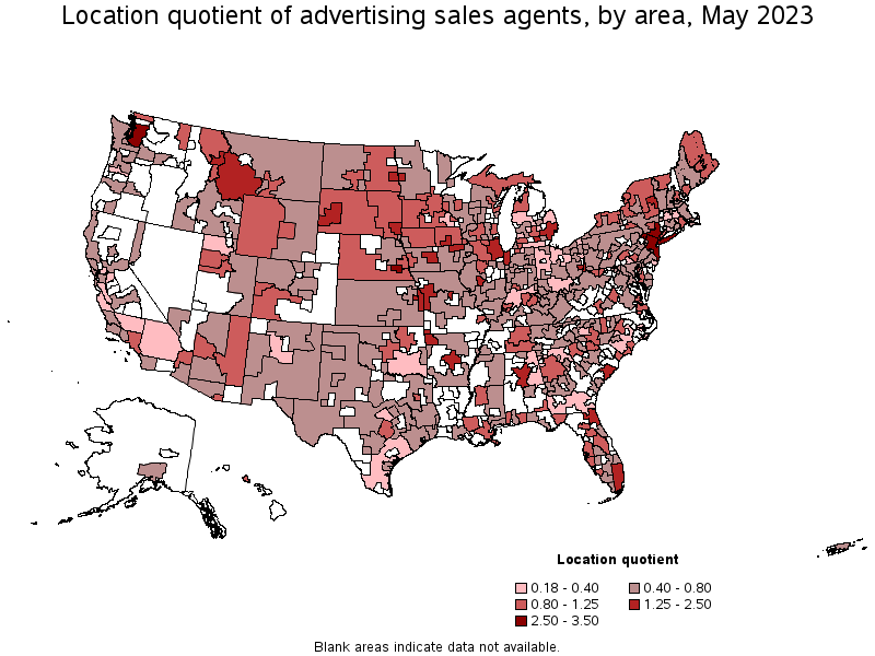 Map of location quotient of advertising sales agents by area, May 2023