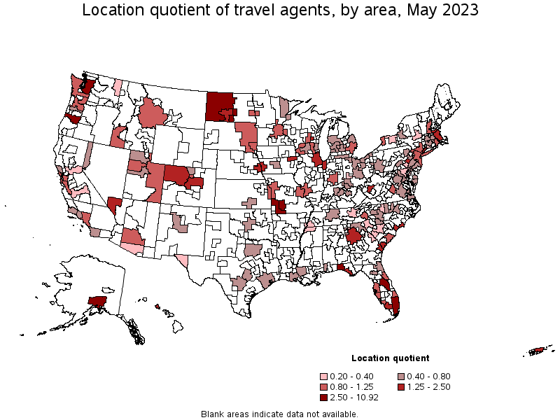 Map of location quotient of travel agents by area, May 2023