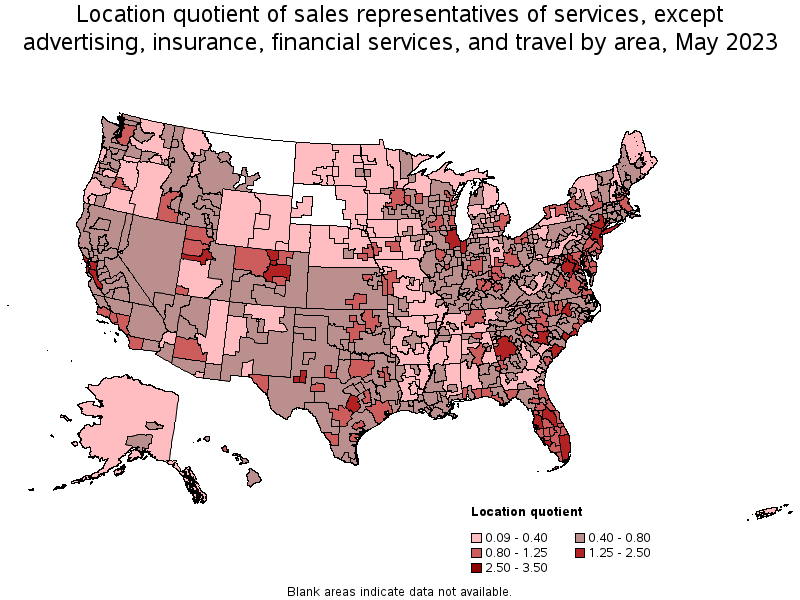 Map of location quotient of sales representatives of services, except advertising, insurance, financial services, and travel by area, May 2023