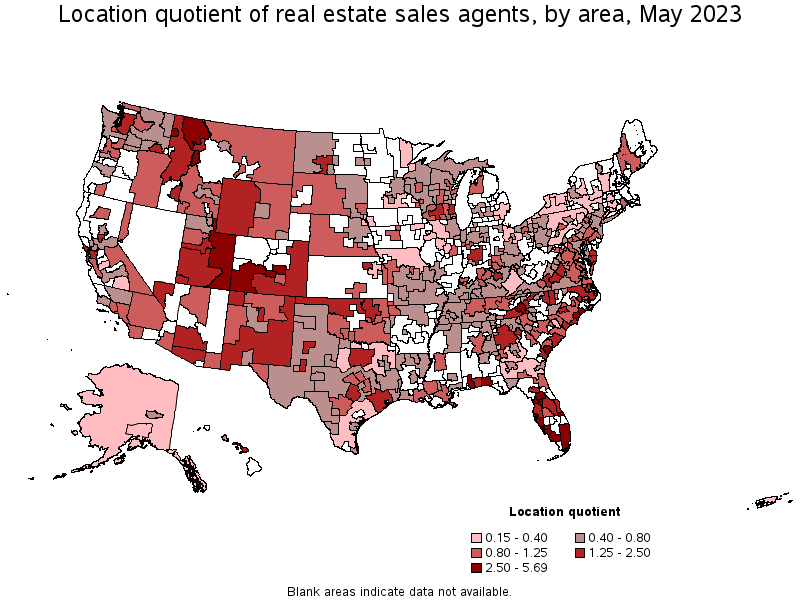 Map of location quotient of real estate sales agents by area, May 2023