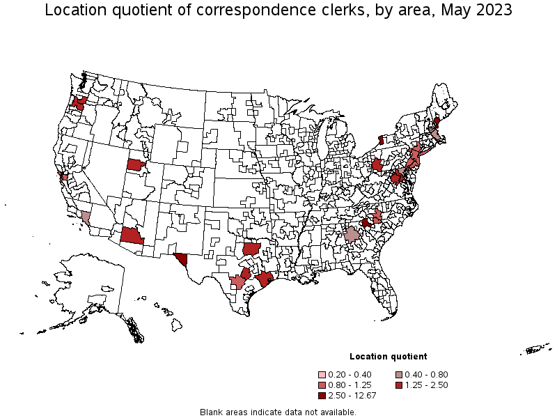 Map of location quotient of correspondence clerks by area, May 2023