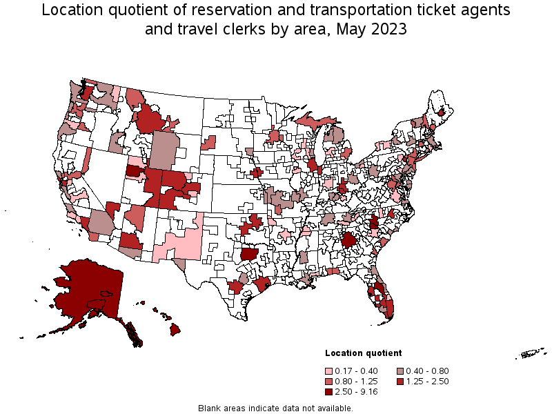 Map of location quotient of reservation and transportation ticket agents and travel clerks by area, May 2023