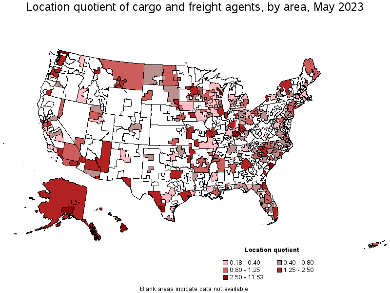 Map of location quotient of cargo and freight agents by area, May 2023
