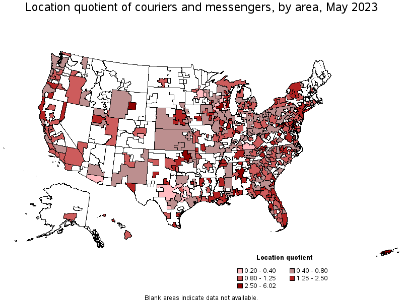 Map of location quotient of couriers and messengers by area, May 2023