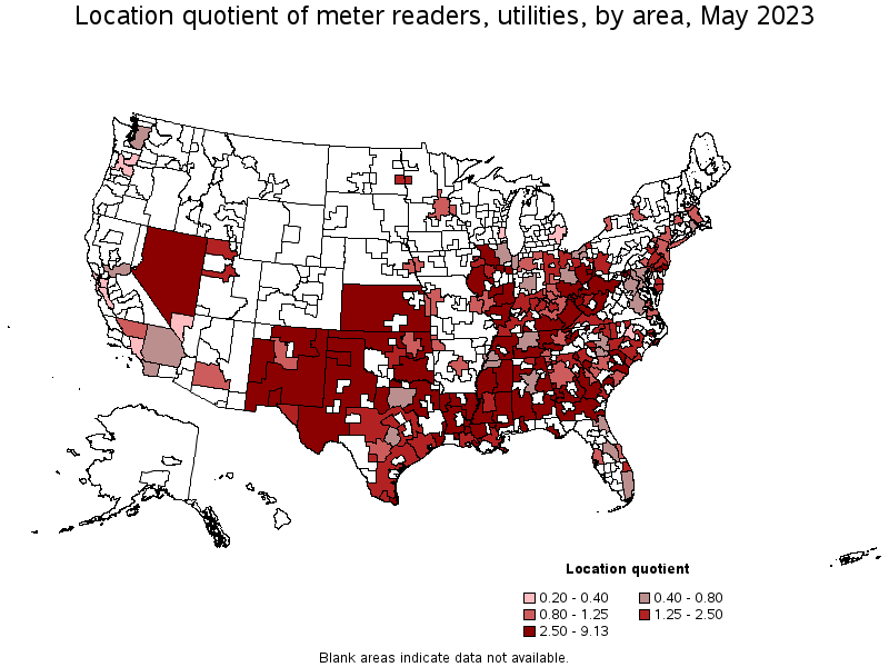 Map of location quotient of meter readers, utilities by area, May 2023