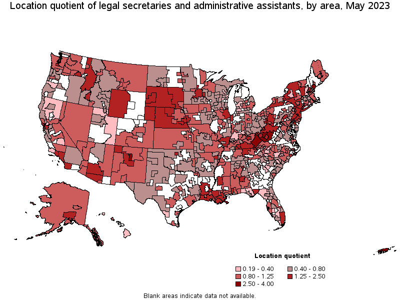 Map of location quotient of legal secretaries and administrative assistants by area, May 2023