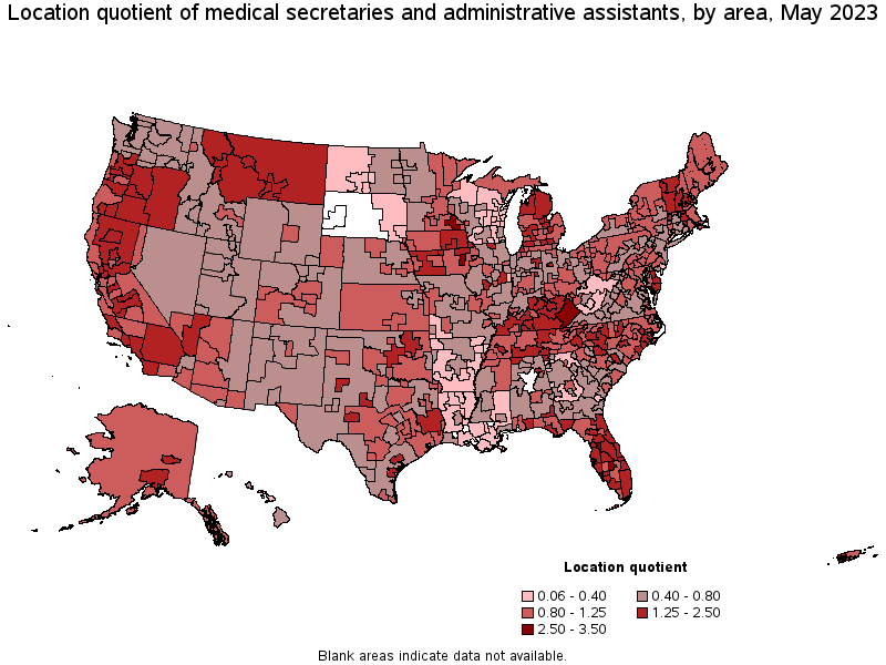 Map of location quotient of medical secretaries and administrative assistants by area, May 2023