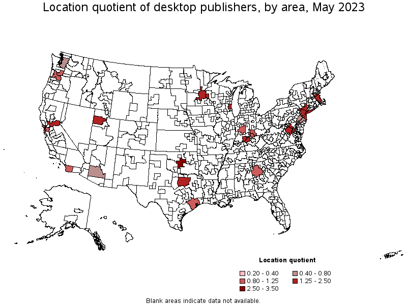 Map of location quotient of desktop publishers by area, May 2023